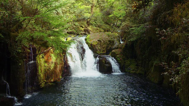 Kikuchi Gorge Waterfall in Autumn, Smooth Flowing River, Cinematic B-Roll Footage