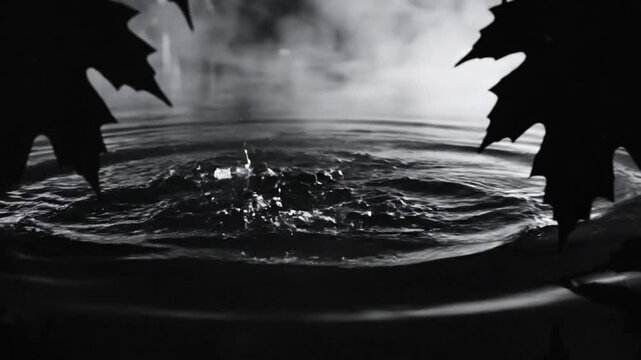 Black and white video of a water drop creating ripples in a pond, framed by two silhouetted maple leaves.