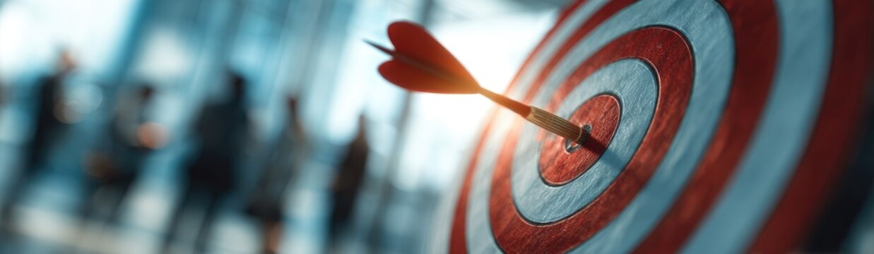 Dart hitting bullseye on target board with blurred business people in background, symbolizing business success and strategic goal achievement.