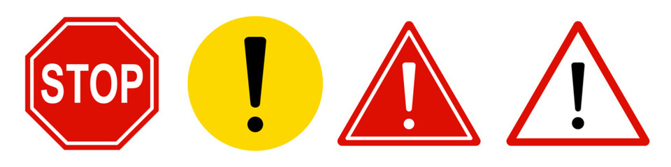 Fototapeta na wymiar vector illustration: various danger warning signs or stop symbols with exclamation mark isolated on white or transparent png