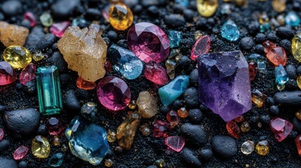 Gemstones sparkle on black sand