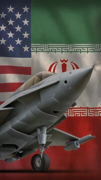 usa and iran conflict situation. us american flag and iranian flag with military jet on iranian side