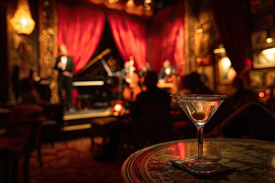 Martini glass on a table in a dimly lit jazz club with a band performing on stage.