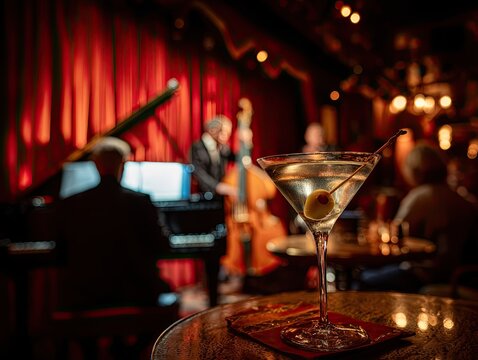 Martini glass on a table in a dimly lit jazz club with musicians performing.