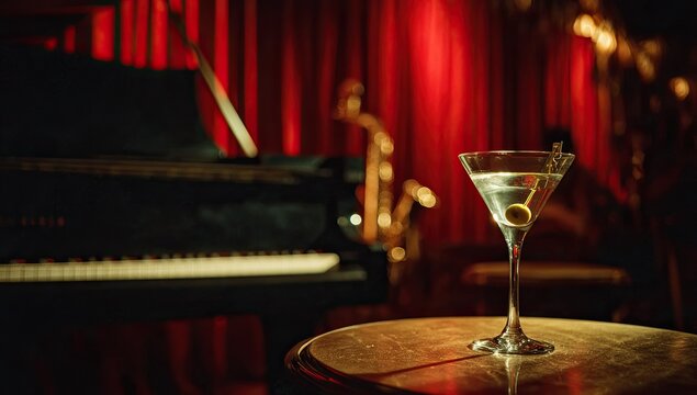 Martini glass with olive on a table in a dimly lit jazz club.
