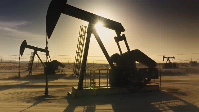 The change in oil prices caused by the war. Oil price cap concept. Oil drilling derricks at desert oilfield. Crude oil production from the ground. Petroleum production. 