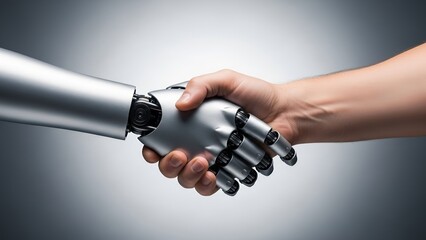 Naklejka premium A close-up shot illustrates the symbolic handshake between a human hand and a sleek, silver robotic arm representing collaboration