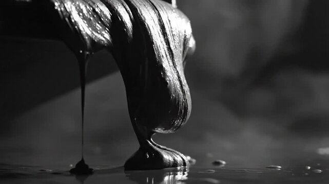 Black viscous liquid pouring slowly from a container onto a reflective surface, close-up shot