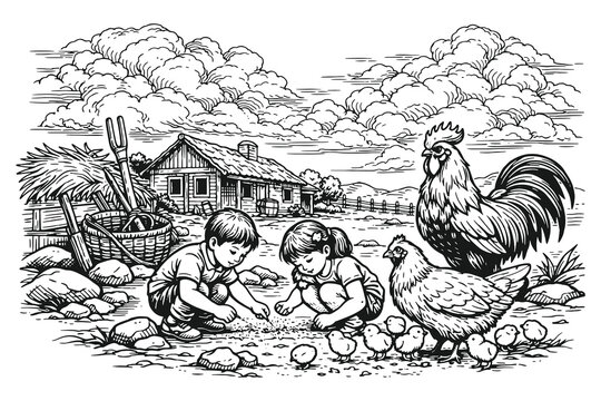 Nostalgic Engraving Style Vector Illustration of Two Children Feeding Chickens and a Rooster in Front of a Small Farmhouse and Haystacks in the Yard