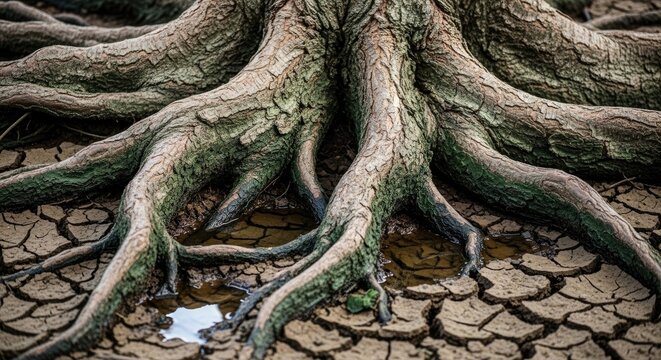 Close up of tree roots on dry cracked earth natural textures