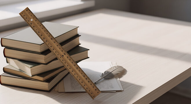 Ruler placed beside stacked books on clean desk. Symbolic education and academic measurement concept with ample copy space.