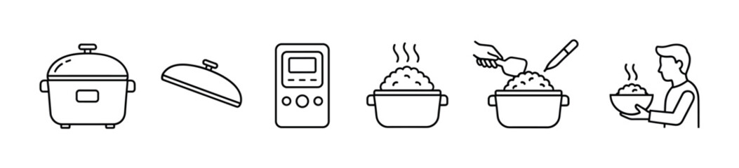 Obraz premium Rice cooker preparation process icons illustrate cooking steps from appliance setup to serving a delicious meal.