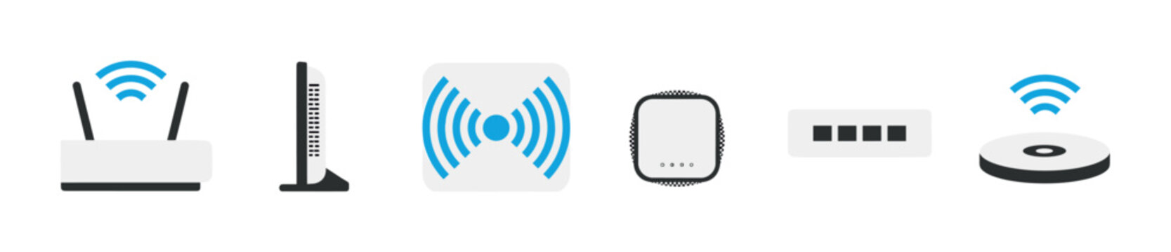 Collection of modern wireless networking devices and internet routers illustrated with strong signal icons.