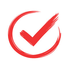 Red brush stroke check mark in circle, hand drawn approval tick symbol icon isolated on transparent background