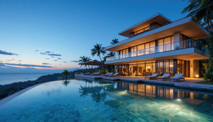 Luxurious modern villa with large glass windows overlooks infinity pool and ocean at sunset, surrounded by palm trees. serene setting exudes tranquility and elegance