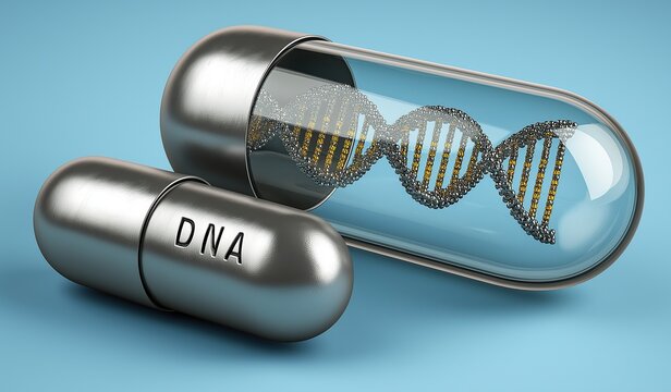 Two silver and gray pill tabs on a blue background with DNA double helix inside a capsule, vector illustration of medical concept