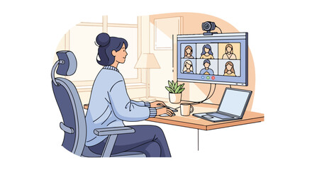 Fototapeta premium A woman sits at a desk with a laptop and monitor displaying a video conference, in a remote work setting with a flat 2D illustration style and a modern lifestyle vibe.