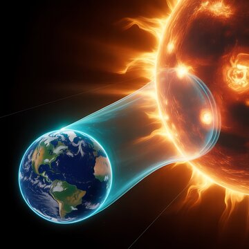 Earth's magnetosphere enveloping the planet as it faces a powerful solar eruption from the Sun showcasing a vibrant display of cosmic energy and celestial interaction in the vastness of space