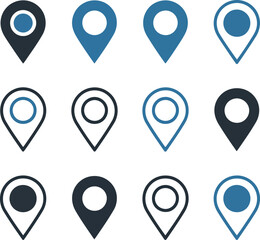 Collection of twelve location pin icons in various styles and colors