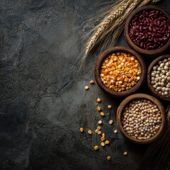 Colorful legumes and grains on dark background