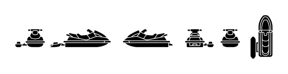 Jet skis and personal watercraft icons collection depicting various angles of modern water sports equipment.