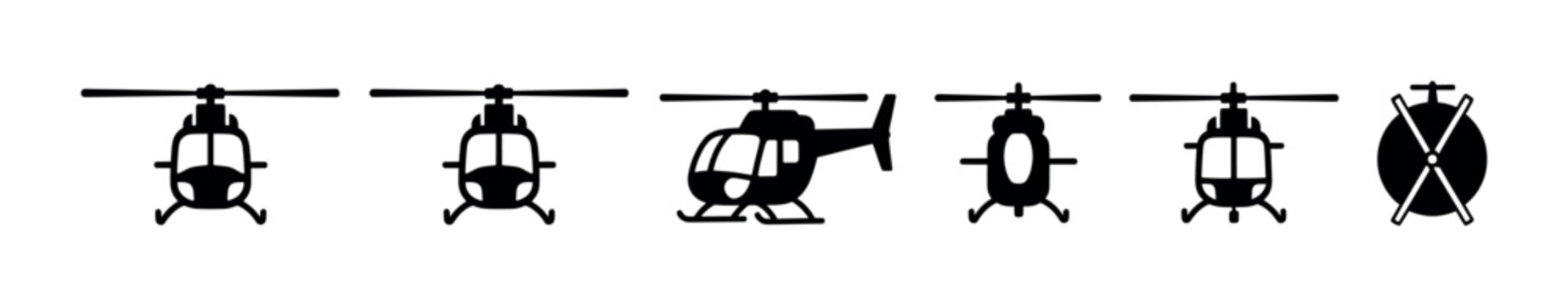 Helicopter icons set in various perspectives showcasing different views of the flying vehicle for transportation and aviation concepts.