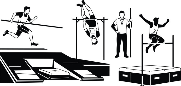 Minimalist vector sports scene showing pole vault athlete midair high jump silhouette coach with pole and landing pit side view in flat black and white illustration