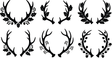 Minimalist vector art pair of antler wreath silhouettes with oak leaves acorns and berries arranged in symmetrical ornamental frames flat design svg png mockup black isolated