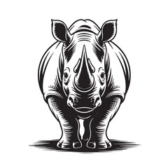 Fototapeta premium Detailed rhinoceros front view illustration, wildlife animal portrait, detailed engraving style graphic, powerful safari mammal vector artwork