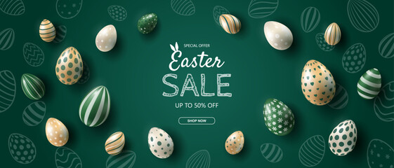 Fototapeta premium Easter Sale Banner Background. Easter holiday banner design with decorative eggs on a green background. Holiday design template for a coupon, banner, or advertising poster. Vector EPS 10