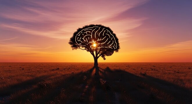 Conceptual sunset brain tree illustration creative thinking and ideas