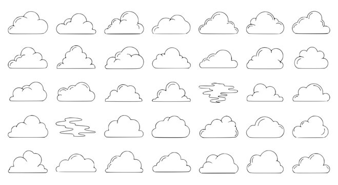 Clouds set with various shapes and styles outlined in black lines featuring weather icons, sky elements, line art with