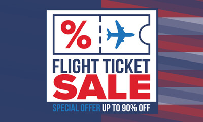 Fototapeta premium Flight Ticket Sale Promotional Banner with Airplane Icon and Up to 90 Percent Off Special Offer