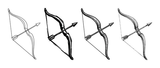 Four different styles of bow and arrow illustrations showcasing various artistic techniques for archery equipment.