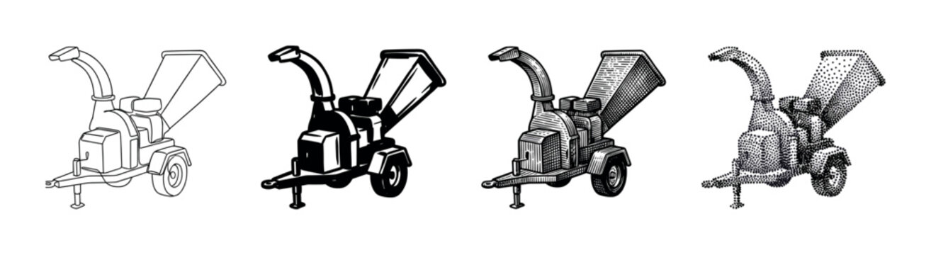 Wood chipper shredder machine equipment tool vector illustration set featuring four distinct artistic styles for garden maintenance.