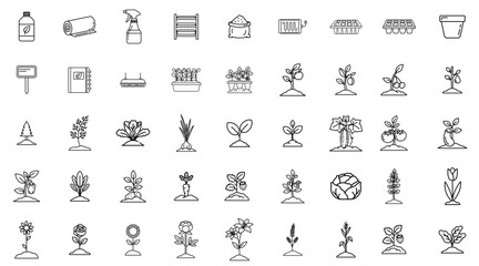 Obraz premium Gardening Equipment and Seedling Line Icon Set, Outline Garden Tools and Plant Growth Symbols Collection