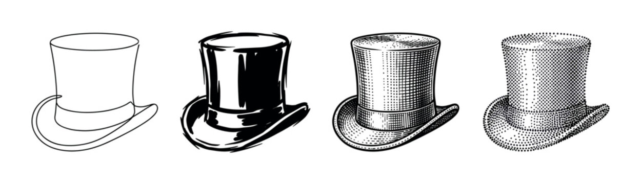 Four elegant top hats depicted in various artistic styles showcasing different illustration techniques from outline to halftone.