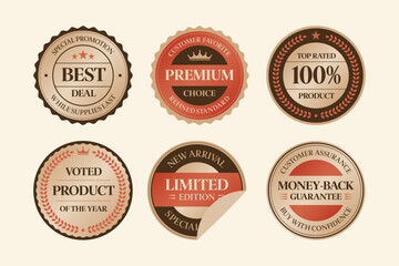 Obraz premium Vintage Marketing Badge Vector Set Retro Labels, Seals, Emblems, Stickers for Product Packaging Promos; Discount Quality Guarantee & Trust Seal Badges