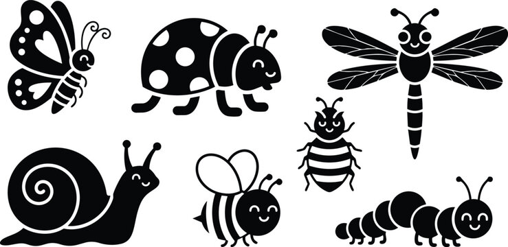 Playful monochrome vector insect icon set close up showing butterfly, ladybug, dragonfly, snail, bee, beetle and caterpillar smiling in simple flat design on white background layout