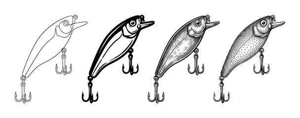 Fishing lure wobbler bait tackle set in various black and white illustration styles for angling hobby.