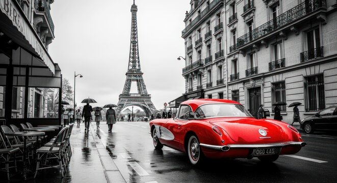 Classic red car on wet Parisian street, Eiffel Tower in background