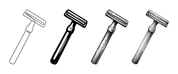 Naklejka premium Safety razor vector illustrations showcasing different artistic styles for shaving and grooming concepts.