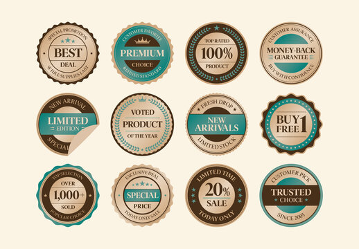 Vintage Marketing Badge Vector Set Retro Labels, Seals, Emblems, Stickers for Product Packaging Promos
