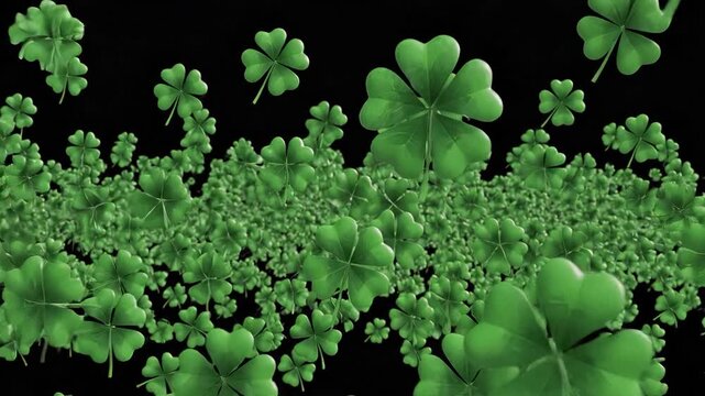 Magical 3D animation of lush green fourleaf clovers floating and swirling in a dark void creating a sense of luck and celebration.