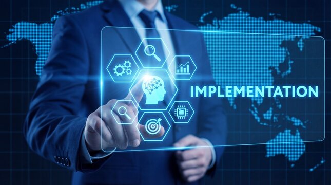 Businessman interacting with digital implementation interface