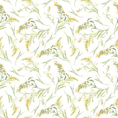 Fototapeta premium Watercolor seamless pattern with delicate meadow wildflowers and soft green grass isolated. Pastel floral motif hand drawn for wallpaper, fabric, or greeting card. Flowers repeat for journal backdrop.