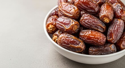 Obraz premium Close-up of dates in white bowl, surface, light, fresh, healthy food