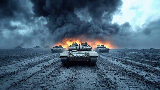 Military Vehicle Convoy Moving Through Open Terrain on Tactical Operation