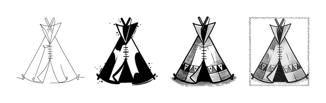 Teepee, a traditional tent, is illustrated in various black and white designs, from simple outlines to detailed textures.