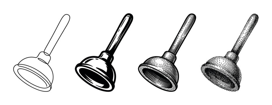 Four different artistic styles of a toilet plunger are presented as a versatile vector illustration for plumbing and cleaning concepts.